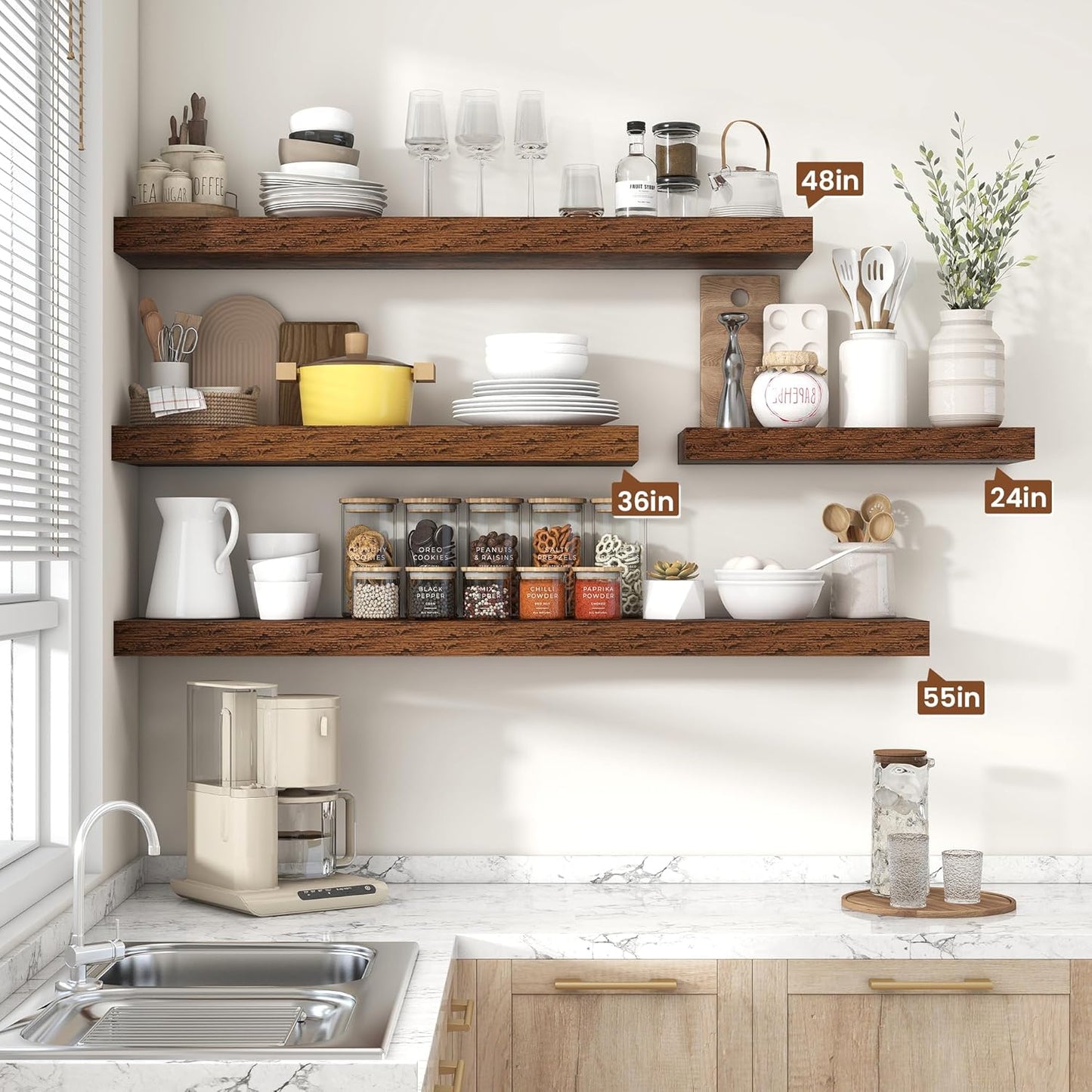 Heimlove 55 Inch Floating Shelves for Wall,10 Deep Large Rustic Brown Wall Shelf with Heavy Duty