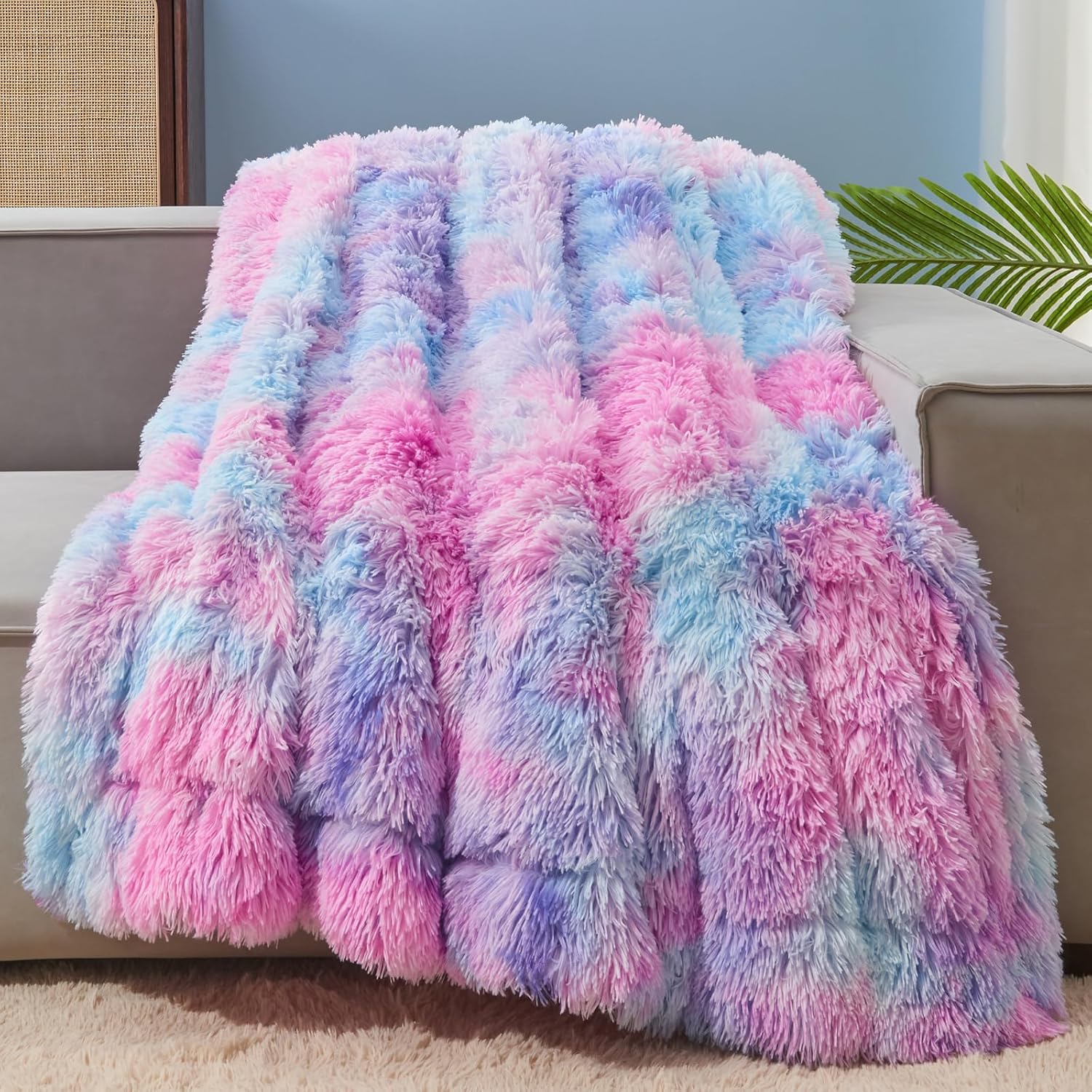 GONAAP Fuzzy Faux Fur Throw Blanket Twin Size Purple Rainbow Super Soft Cozy Plush Fuzzy Shaggy