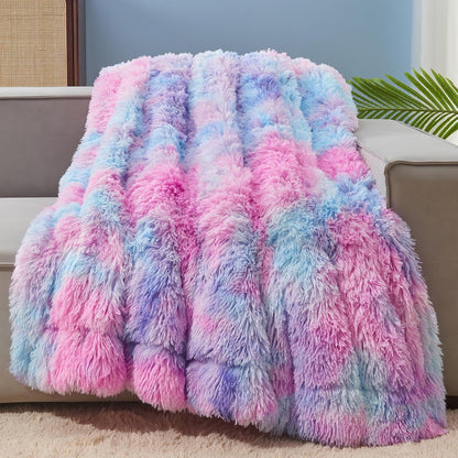 GONAAP Fuzzy Faux Fur Throw Blanket Twin Size Purple Rainbow Super Soft Cozy Plush Fuzzy Shaggy