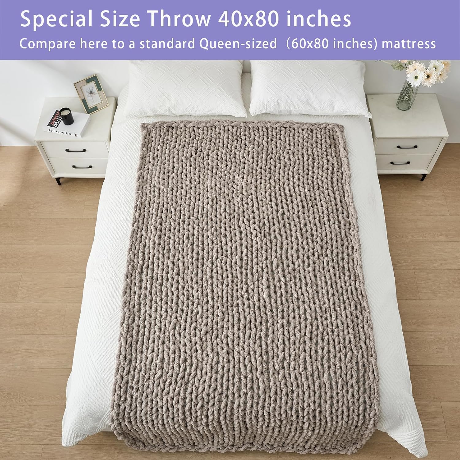 Bigacogo Chunky Knit Throw Blanket for Couch, 40x80 inches, 100% Hand Knitted with Thick Jumbo