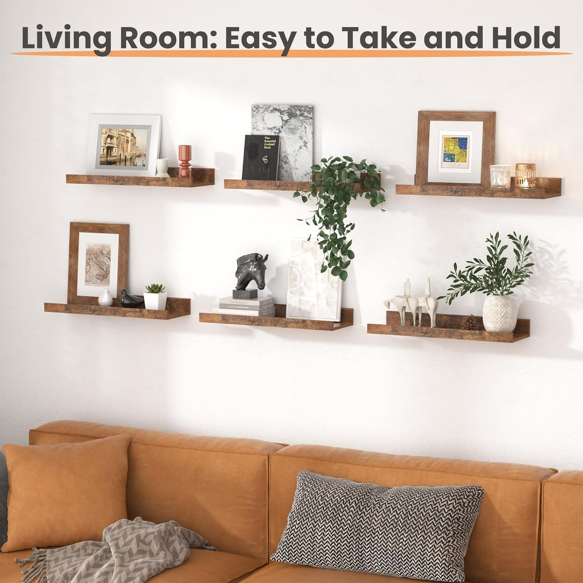upsimples Floating Shelves for Wall, Wall Shelves for Decor Storage Set of 6, Wall Mounted Wood