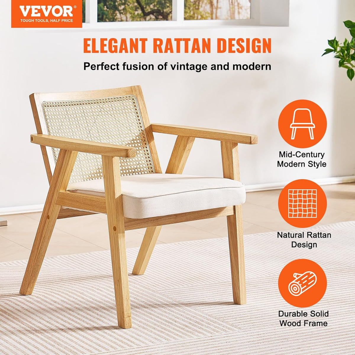 VEVOR Mid Century Modern Rattan Chair, Upholstered Velvet Accent Chair with Rattan Back, Retro