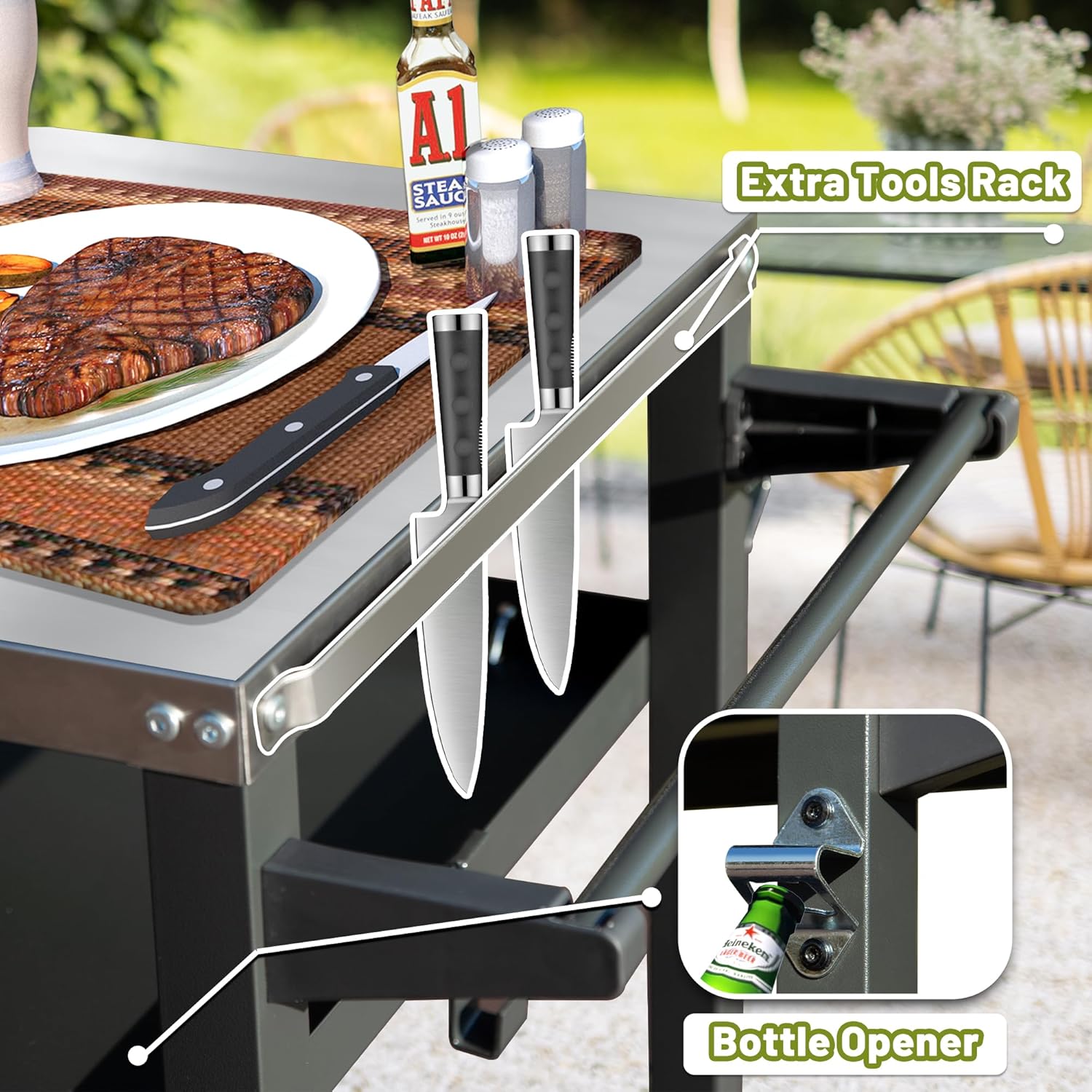 Domi 3-Shelf Outdoor Grill Table, Grill Cart Outdoor with Wheels, Pizza Oven and Food Prep Table