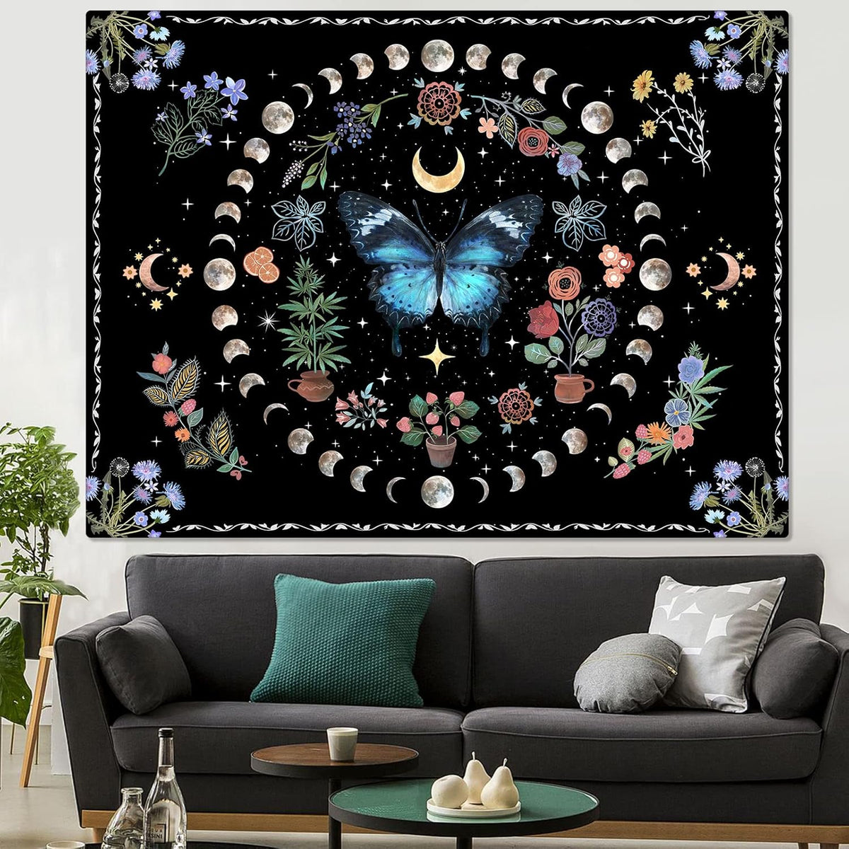Fowocu Blue Butterfly Moon Flower Tapestry Boho Floral Plant Tapestries for Bedroom Aesthetic