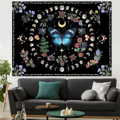 Fowocu Blue Butterfly Moon Flower Tapestry Boho Floral Plant Tapestries for Bedroom Aesthetic