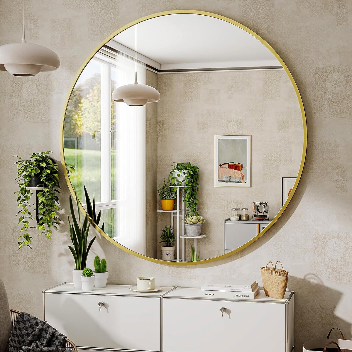 BEAUTYPEAK 24 Inch Round Mirror, Metal Frame Circle Mirror, Wall Mounted for Entryway, Bathroom