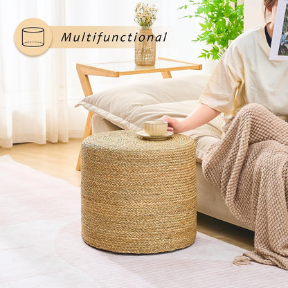 Handwoven Ottoman Pouf, Natural Seagrass Footstool, Round Braided Outdoor Seat with Sturdy Frame
