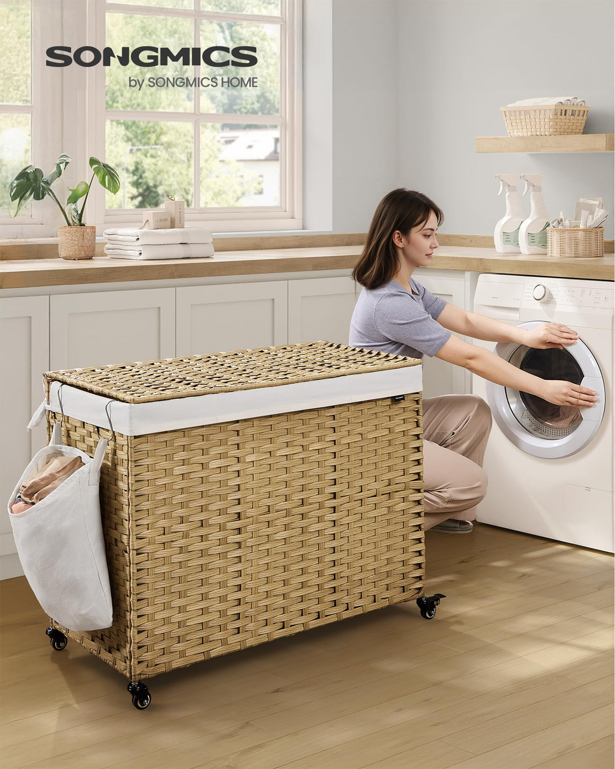 SONGMICS Laundry Hamper with Lid, 55.4 Gallons (210 L), Rolling Laundry Basket with Wheels