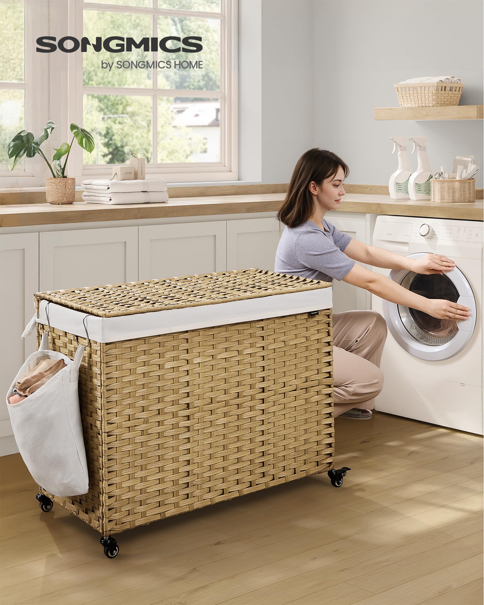 SONGMICS Laundry Hamper with Lid, 55.4 Gallons (210 L), Rolling Laundry Basket with Wheels