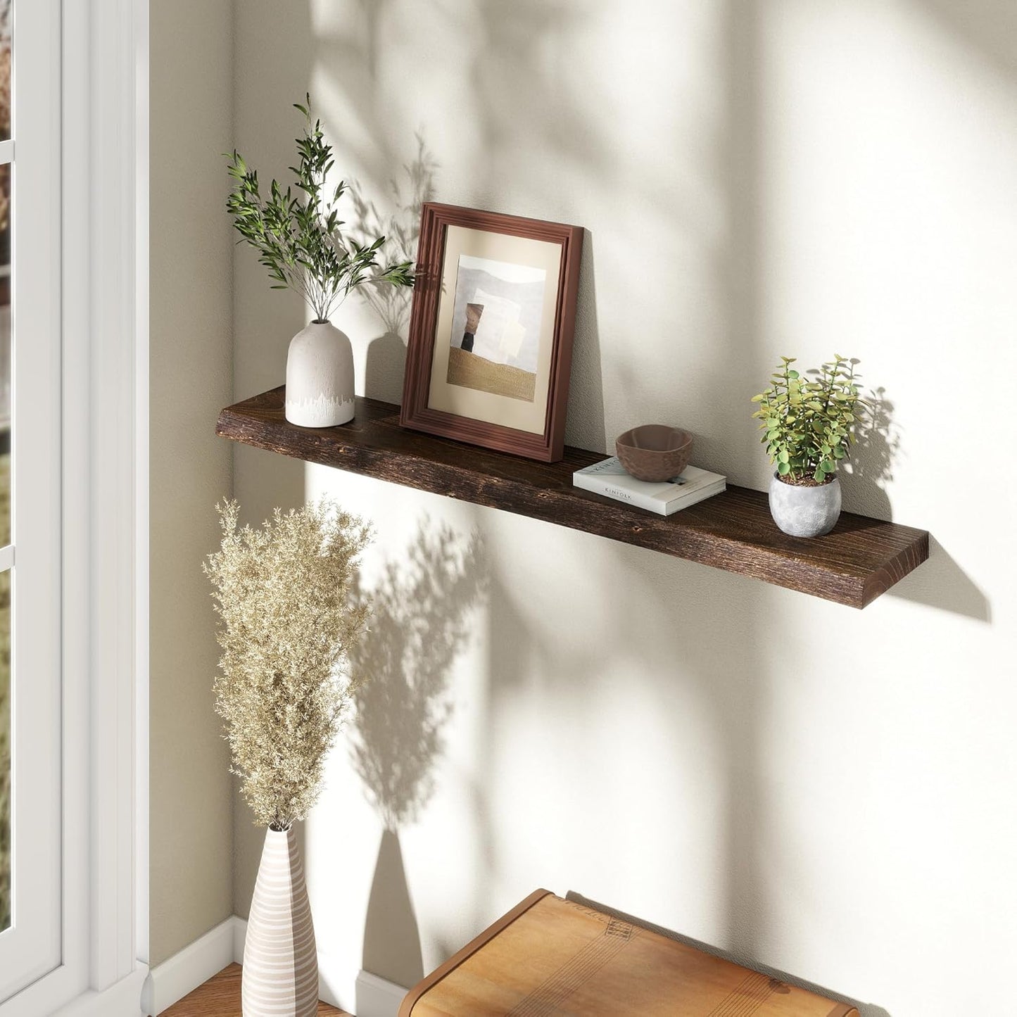 Fun Memories 48" Floating Shelves for Wall, Live Edge Solid Elm Wood Floating Shelf with Invisible