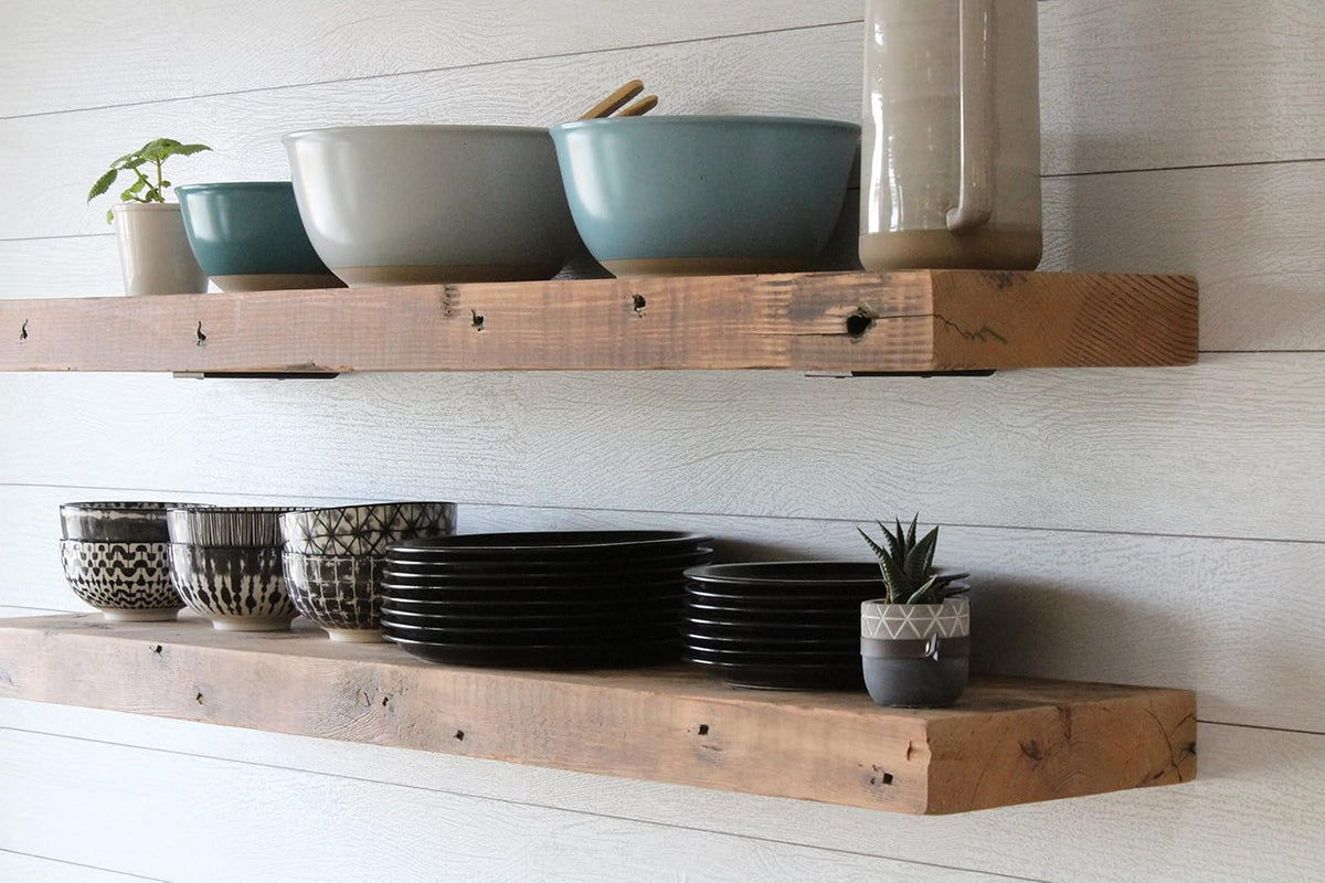 Urban Legacy Reclaimed Barn Joist Deep Floating Shelves | Deep Shelves with Low Profile Shelf