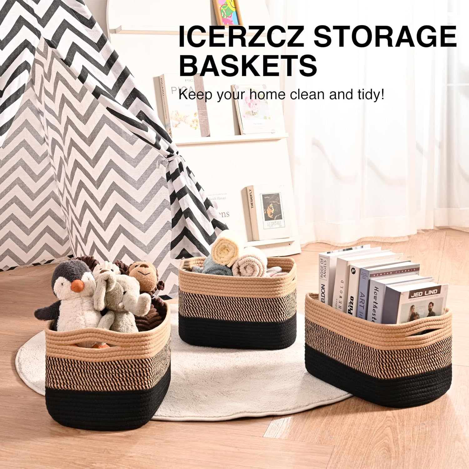 Storage Baskets for Shelves Organizing, Woven Cotton Rope Baskets for Storage, Book Basket, Towel