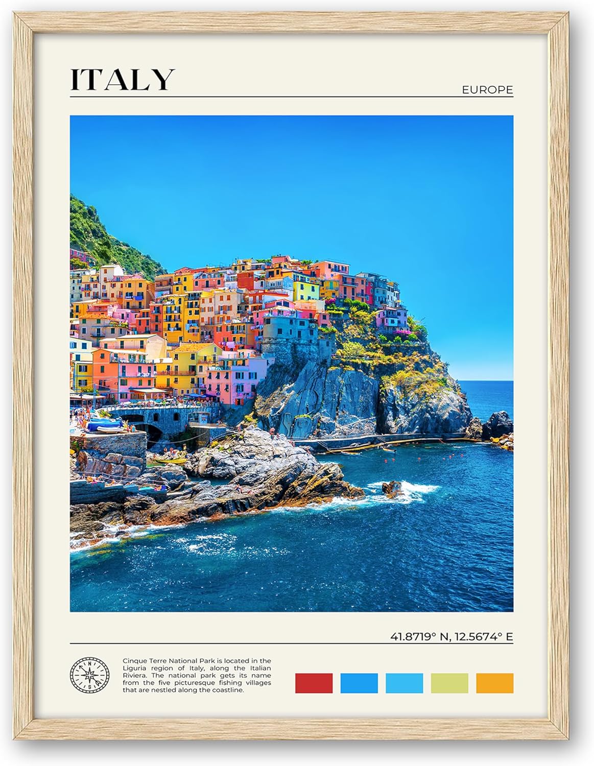 HesenDot Natural OAK Wood Framed Cinque Terre National Park Wall Art,12x16in Italian Natural