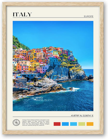 HesenDot Natural OAK Wood Framed Cinque Terre National Park Wall Art,12x16in Italian Natural