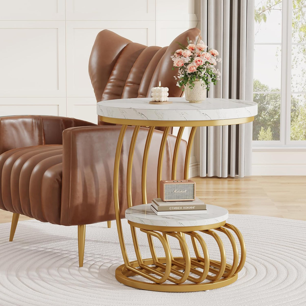 Tribesigns Gold Round End Table: 2 Tiers Faux Marble Side Table with Storage Shelf, Modern White