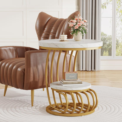 Tribesigns Gold Round End Table: 2 Tiers Faux Marble Side Table with Storage Shelf, Modern White