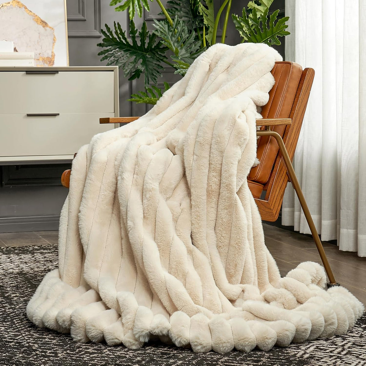 Cozy Bliss Faux Fur Throw Blanket for Couch, Cozy Warm Plush Striped Blanket for Sofa Bedroom
