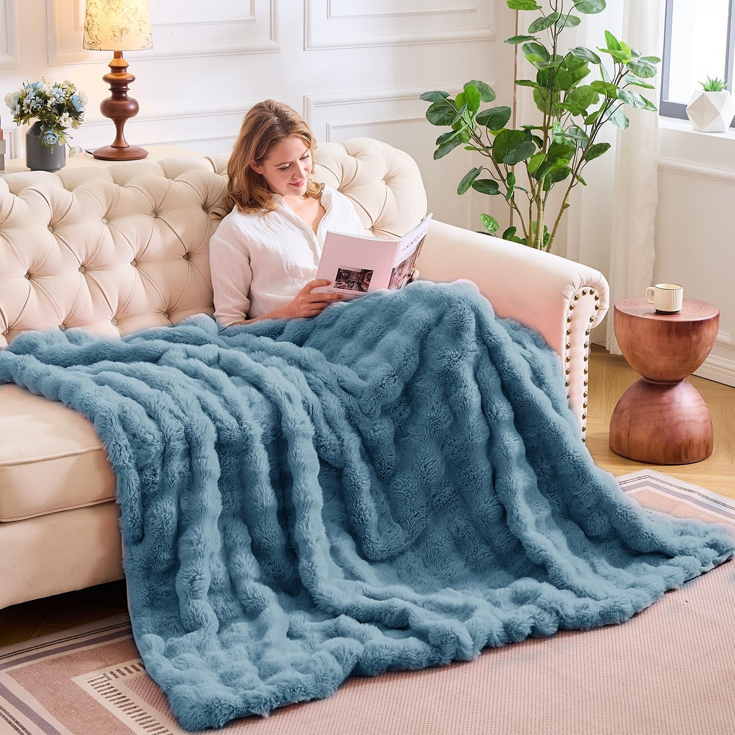 Lotus Karen Faux Fur Throw Blanket Sky Blue - Big Bubble Rabbit Fluff Blanket for Couch Bed
