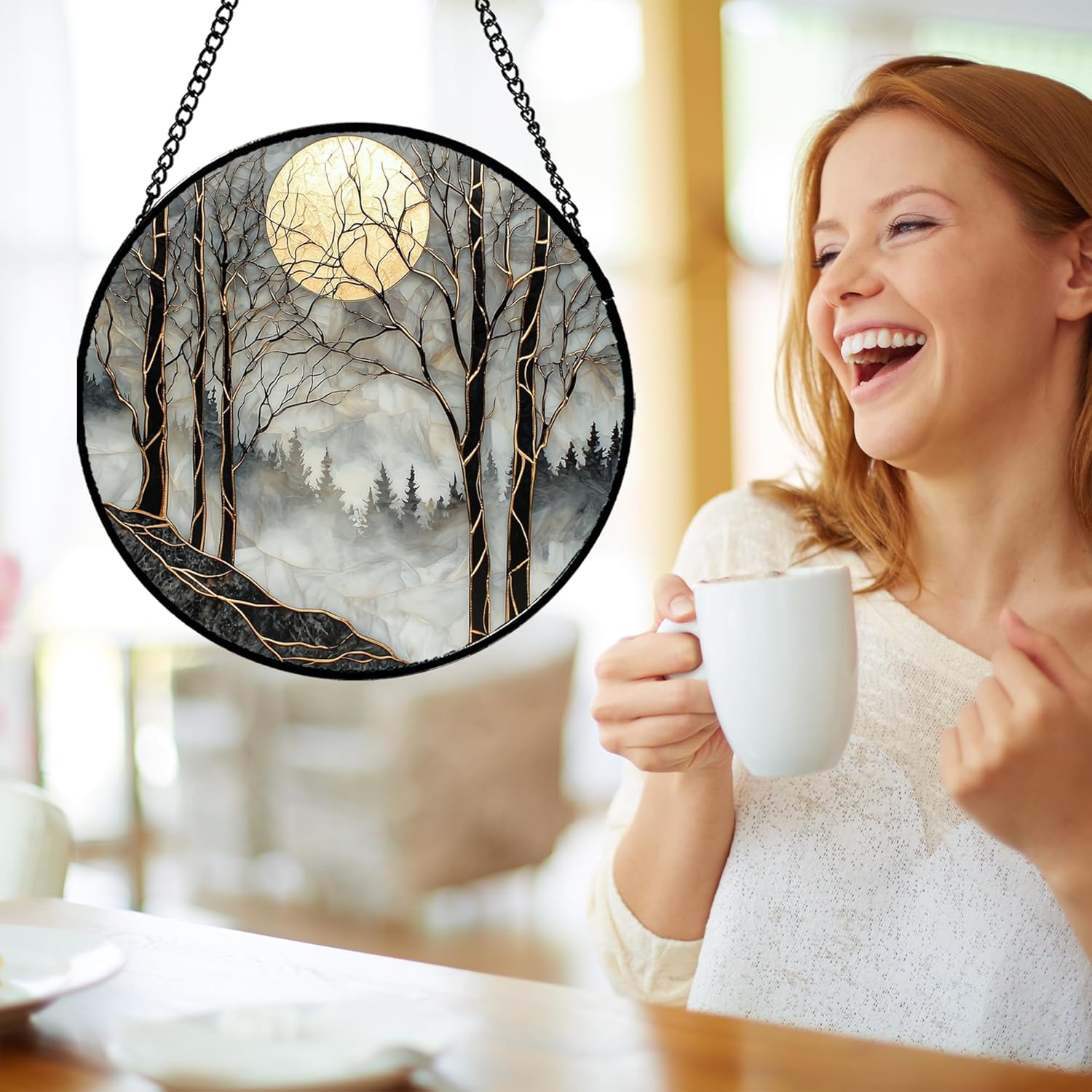 Stained Glass Window Hanging - Black and White Gold Moon Forest Sun Catcher for Door Home Decor