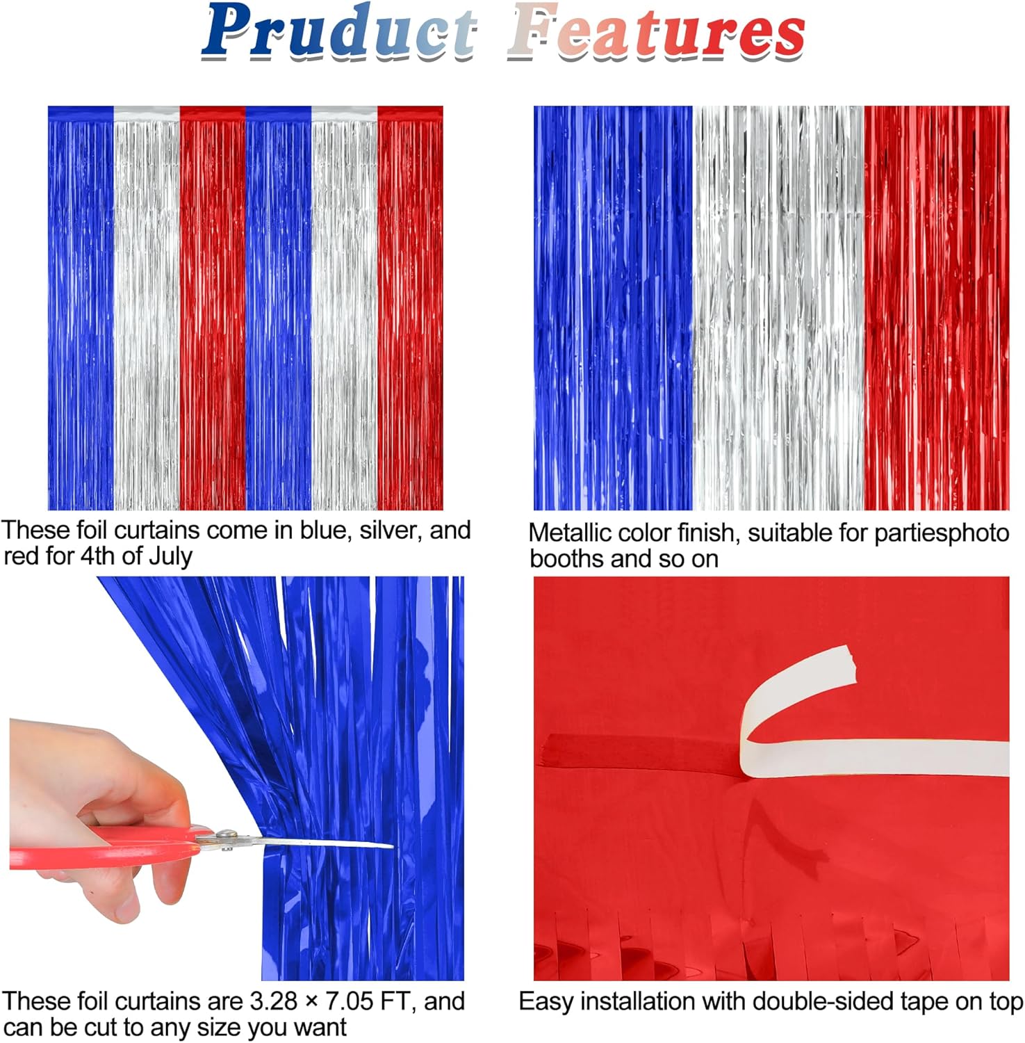 4 Pack 4th of July Decorations, 3.28 FT x 7.05 FT Independence Photo Backdrop, Metallic Blue Silver