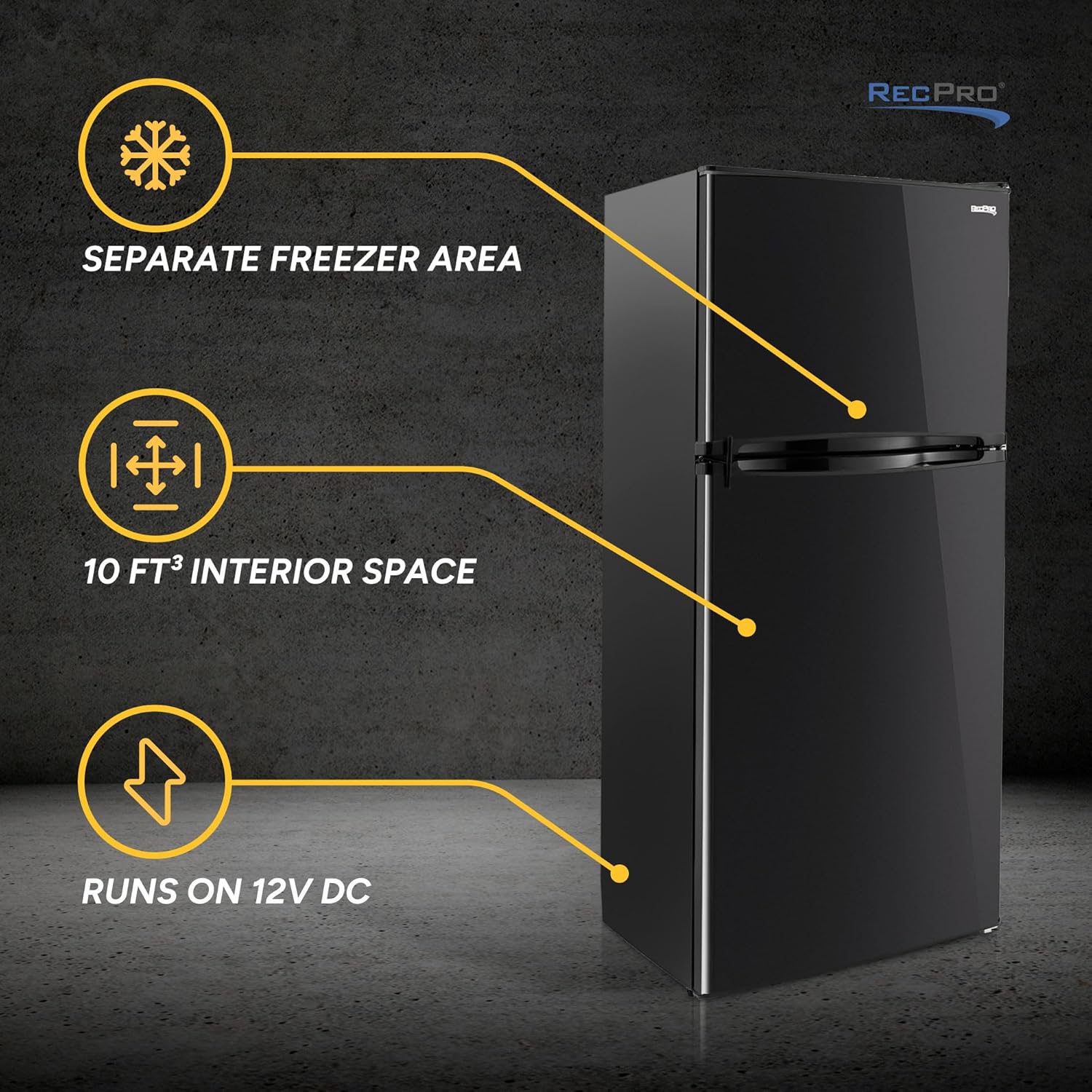 RecPro 10 Cu Ft 12V RV Refrigerator | Black Frost-Free Fridge with Freezer | Double Door