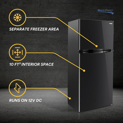 RecPro 10 Cu Ft 12V RV Refrigerator | Black Frost-Free Fridge with Freezer | Double Door