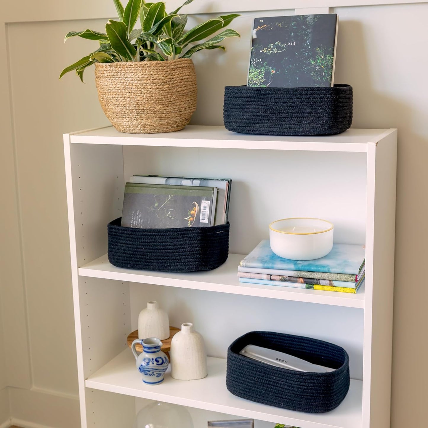 NaturalCozy 11.8"x8"x4.5” Rectangle Storage Baskets for Shelves 3 Pack | Cotton Rope Woven Small