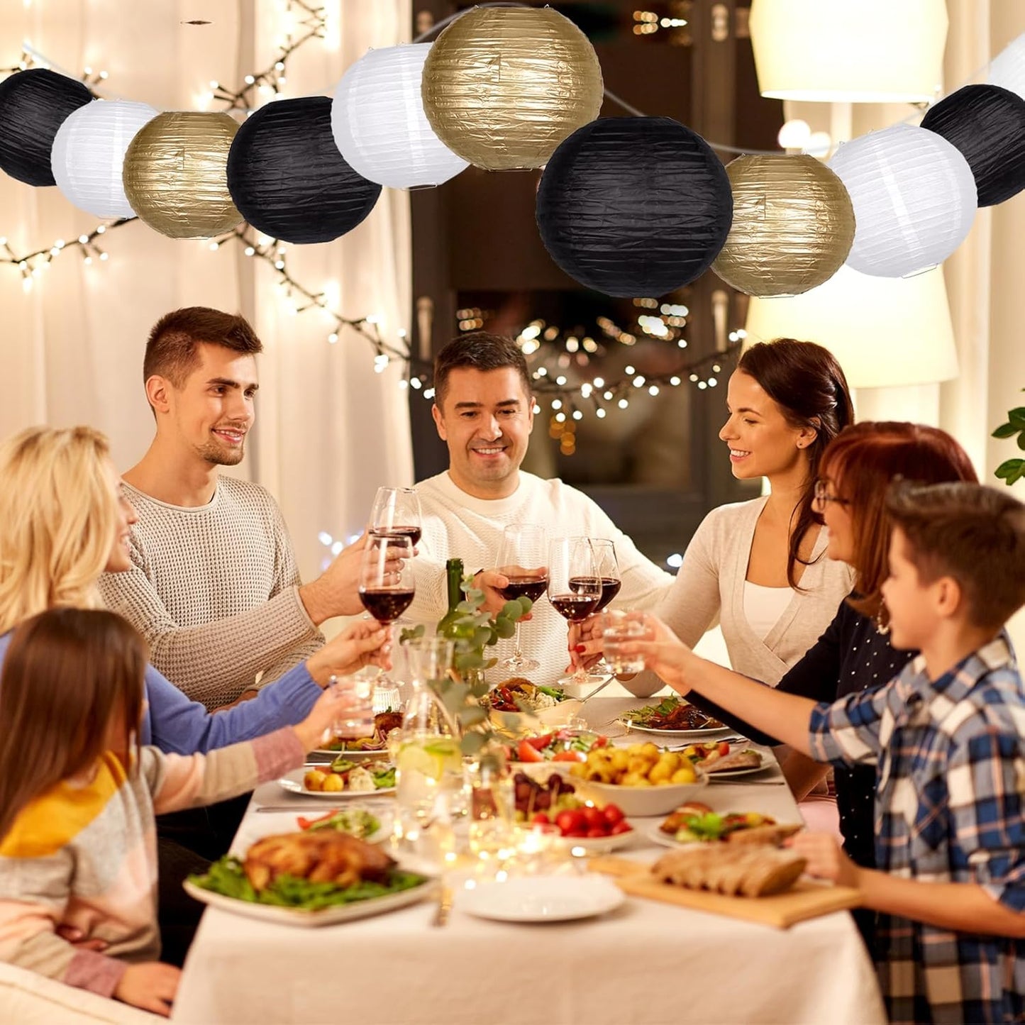 15pcs Paper Lanterns Black Gold Round Hanging Chinese Paper Lanterns 4" 6" 8" 10" 12" for