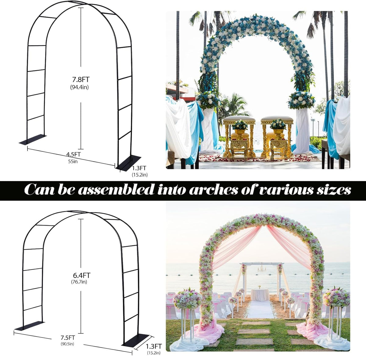 Thickened Rustproof Garden Arch, Wedding Arch- 4.6 * 7.8 or 6.4 * 7.5Ft, Easy to Assemble, Long