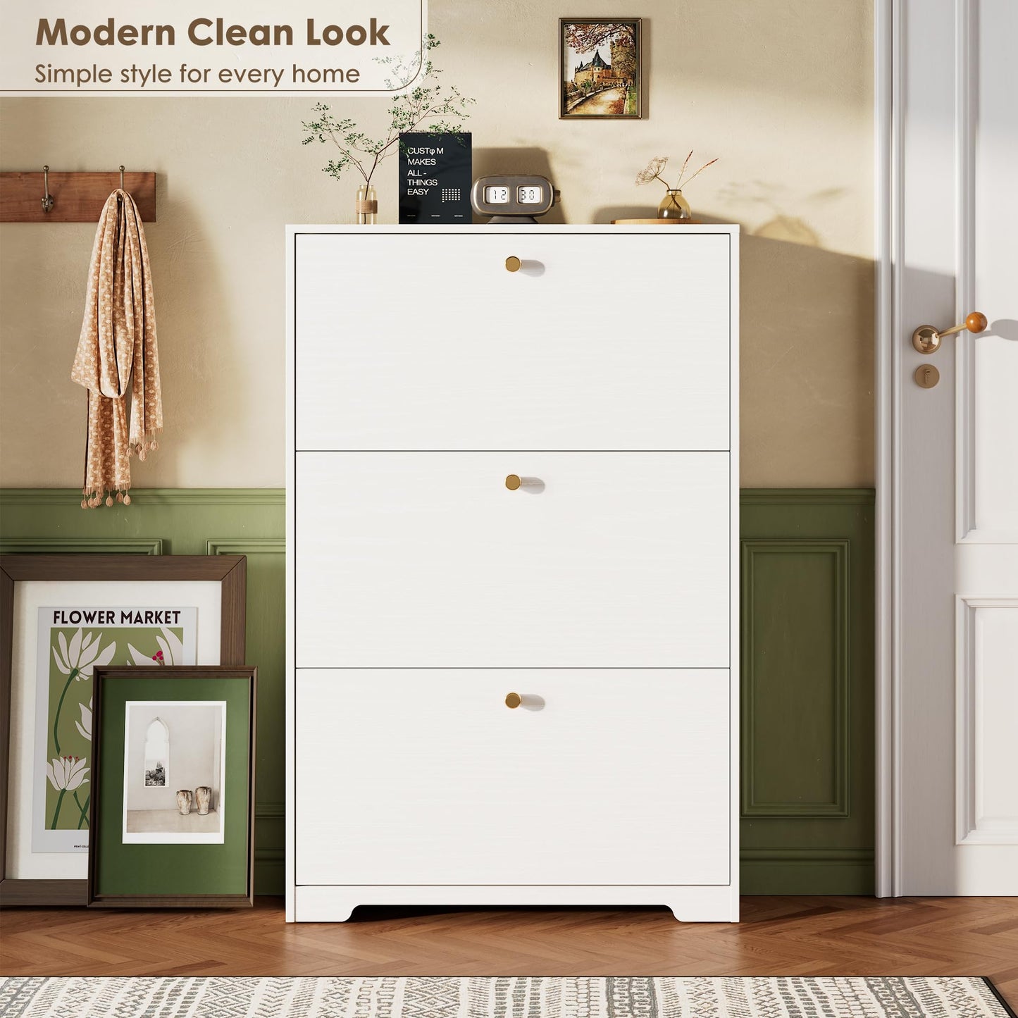 Nicetree Shoe Cabinet with 3 Flip Drawers, Narrow Shoe Organizer Cabinet, Freestanding Shoe Rack