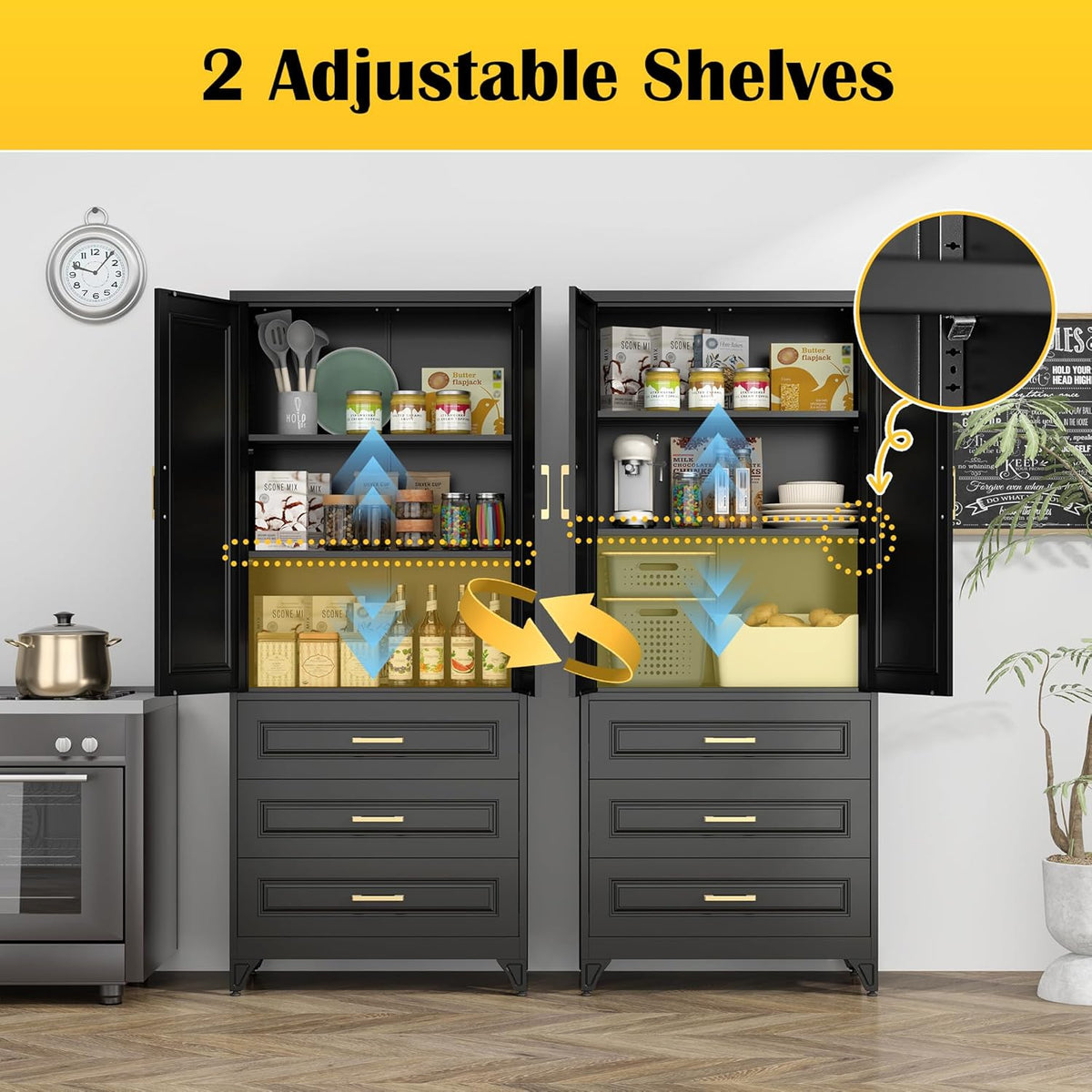 75" Kitchen Pantry Cabinet with 3 Drawers,Metal Storage Cabinets with Doors and 4 Adjustable