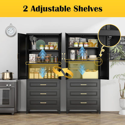 75" Kitchen Pantry Cabinet with 3 Drawers,Metal Storage Cabinets with Doors and 4 Adjustable