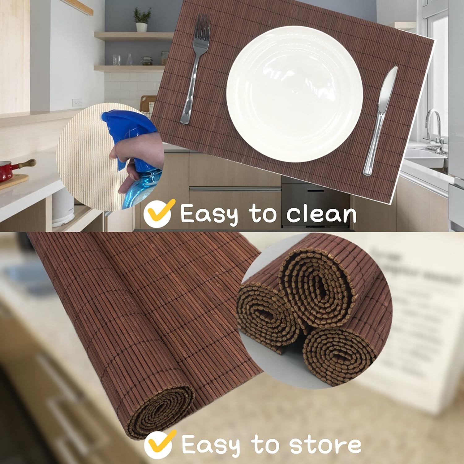 ANDSTAR Set of 12 Pcs Bamboo Placemats Natural Anti-Slip Bamboo Placemats Washable Heat-Resistant