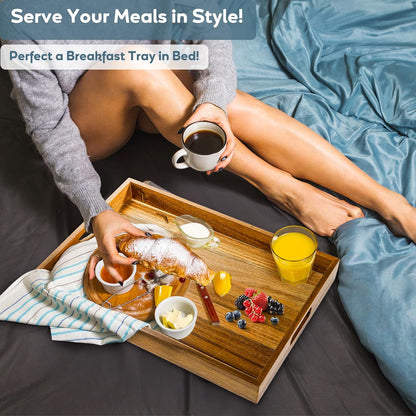 YOUEON 2 Pack Large Acacia Wood Serving Tray with Handles, 17x12 Inch Decorative Wood Trays for