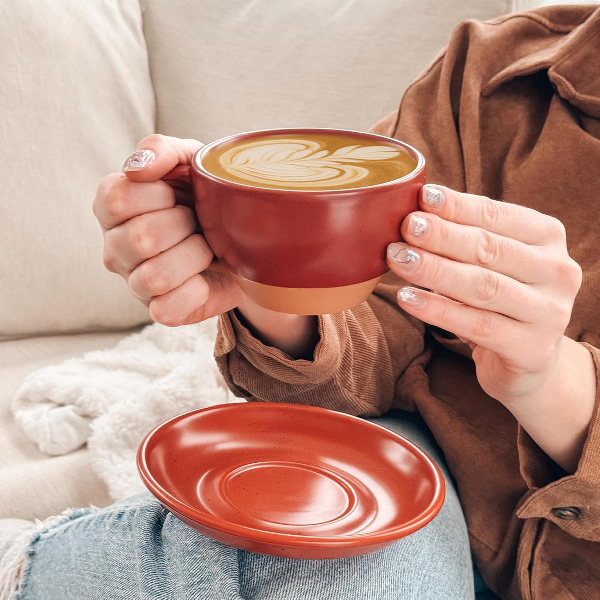 Mora Ceramic Latte Art Mug With Saucer - 10.5 oz, Round Bottom For Perfect Pours - Cafe Cups for