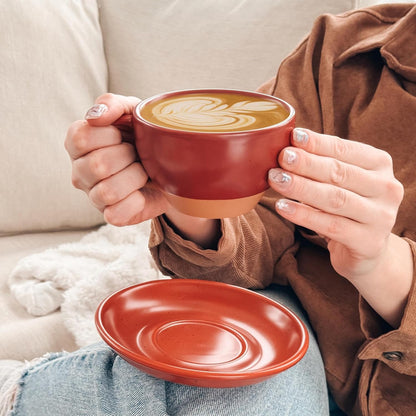 Mora Ceramic Latte Art Mug With Saucer - 10.5 oz, Round Bottom For Perfect Pours - Cafe Cups for