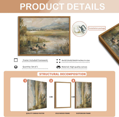 Floating Framed Canvas Wall Art, Vintage Mallard Duck Oil Paintings Print, Countryside Art Wildlife