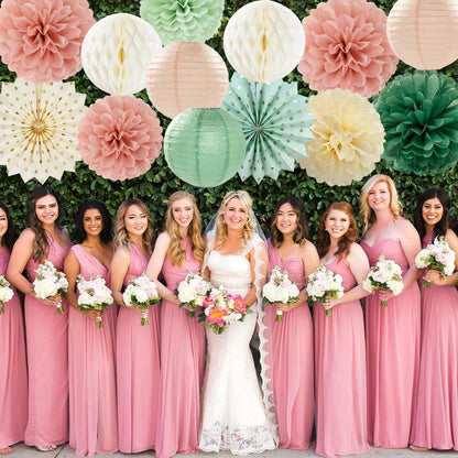 Sage-Green Pink-Beige Boho Party-Decorations Streamers - 14pcs Rustic Neutral Wedding Olive Paper