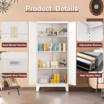 Metal Pantry Cabinet with 2 Doors and Adjustable Shelves, Kitchen Storage cabinets with Gold