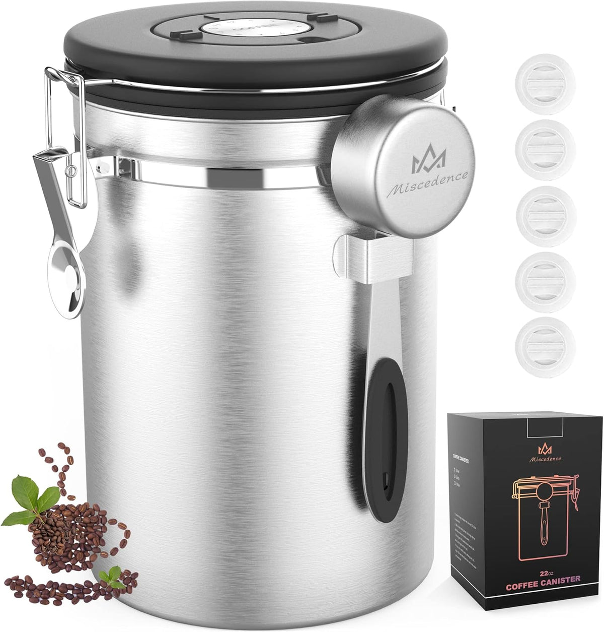 Coffee canister for ground coffee with Scoop Date Tracker One Way Co2 Valve 304 Stainless Steel