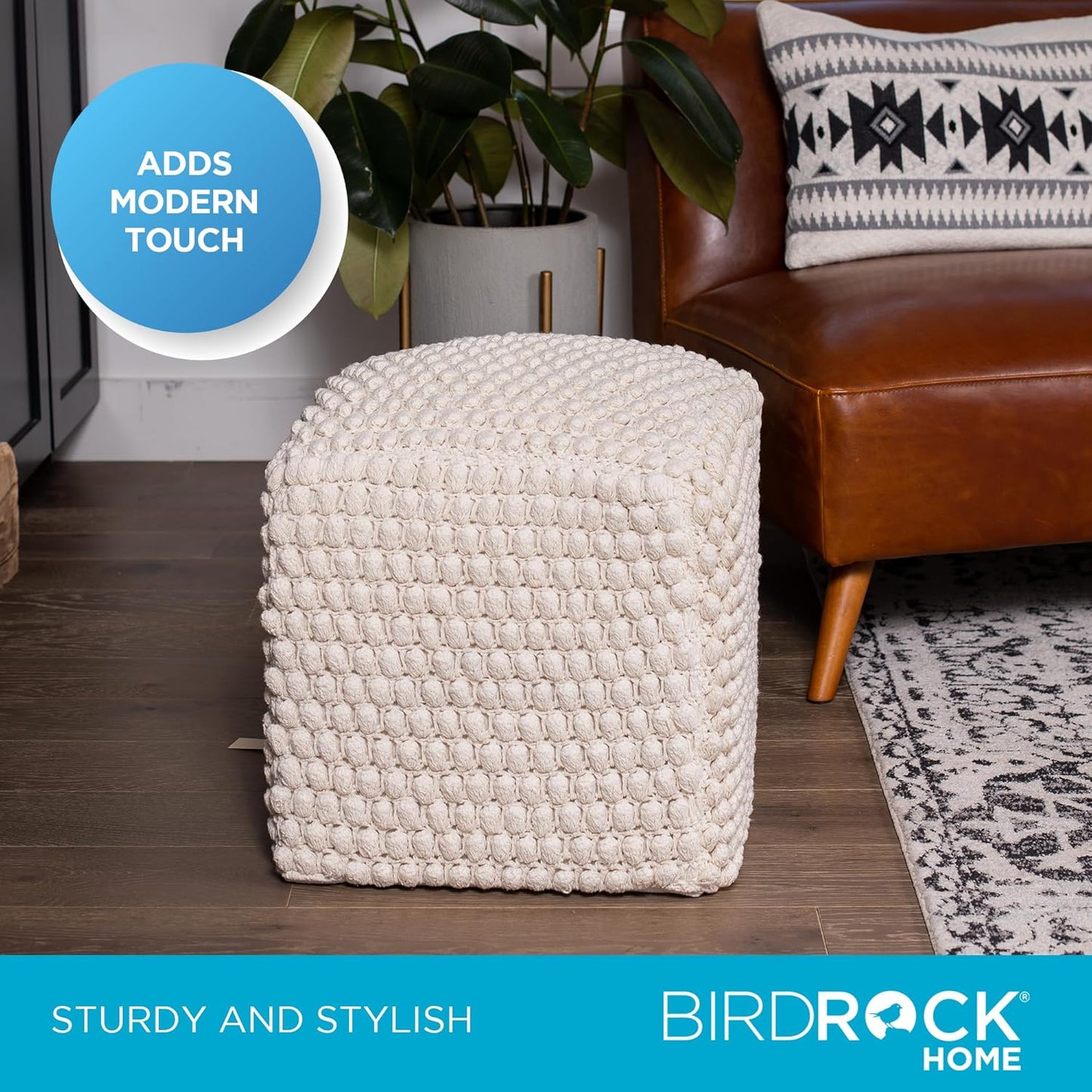 BIRDROCK HOME Bud Pouf Foot Stool Ottoman - Knit Bean Bag Floor Chair - Cotton Braided Cord - Great