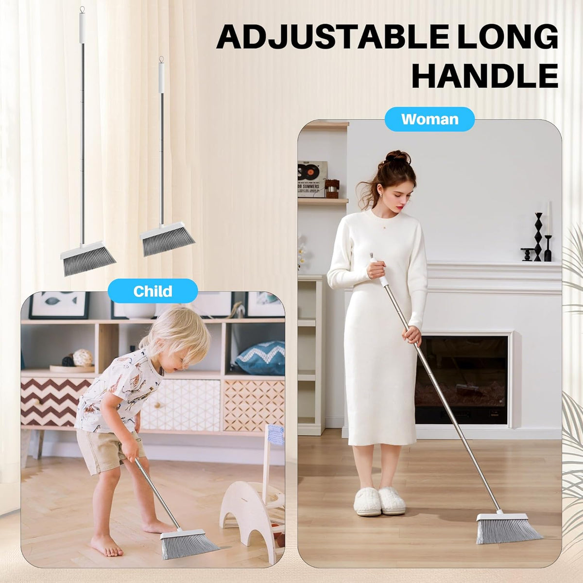 JOYMOOP White Broom and Dustpan Set, Upright Angle Design with Built-in Comb Teeth for Kitchen