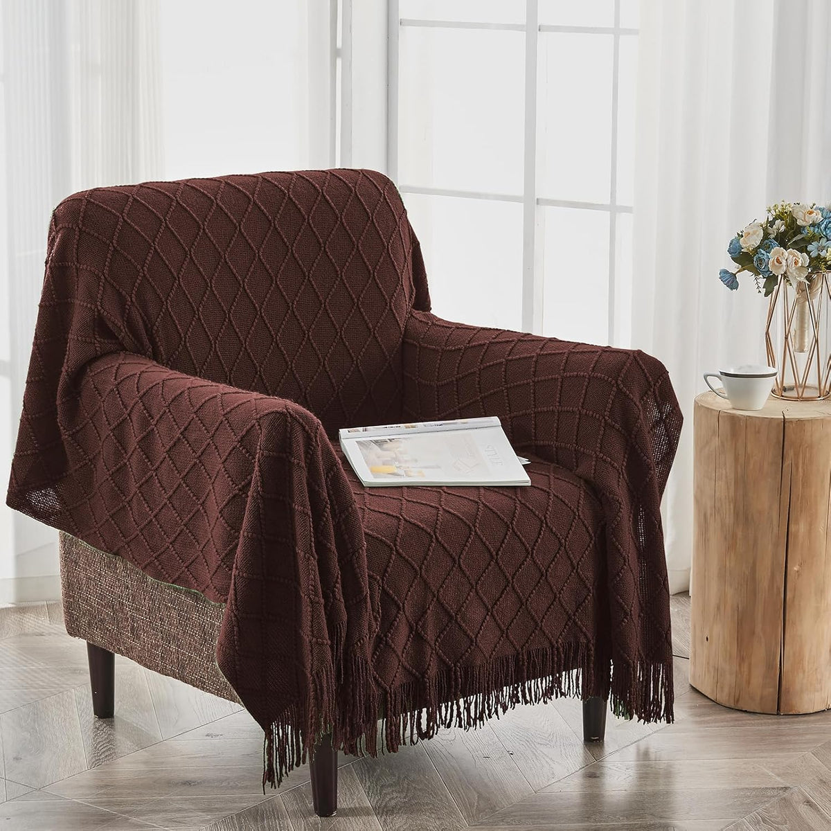inhand Knitted Throw Blankets for Couch and Bed, Soft Cozy Knit Blanket with Tassel, Diamond Brown