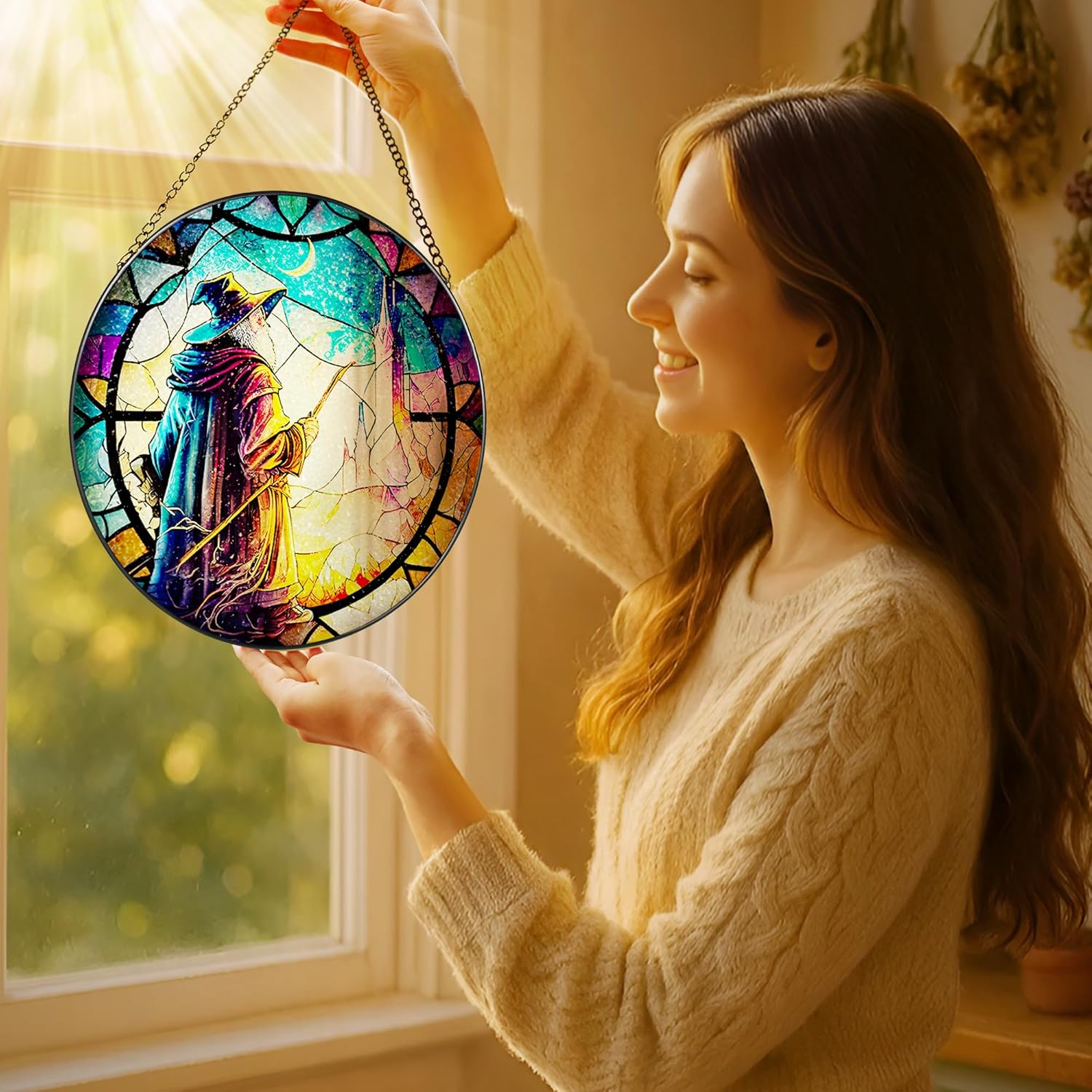 Stained Glass Window Hanging, LAOWEIKI 8'' Witch Suncatcher, Stained Glass Ornament, Suncatchers