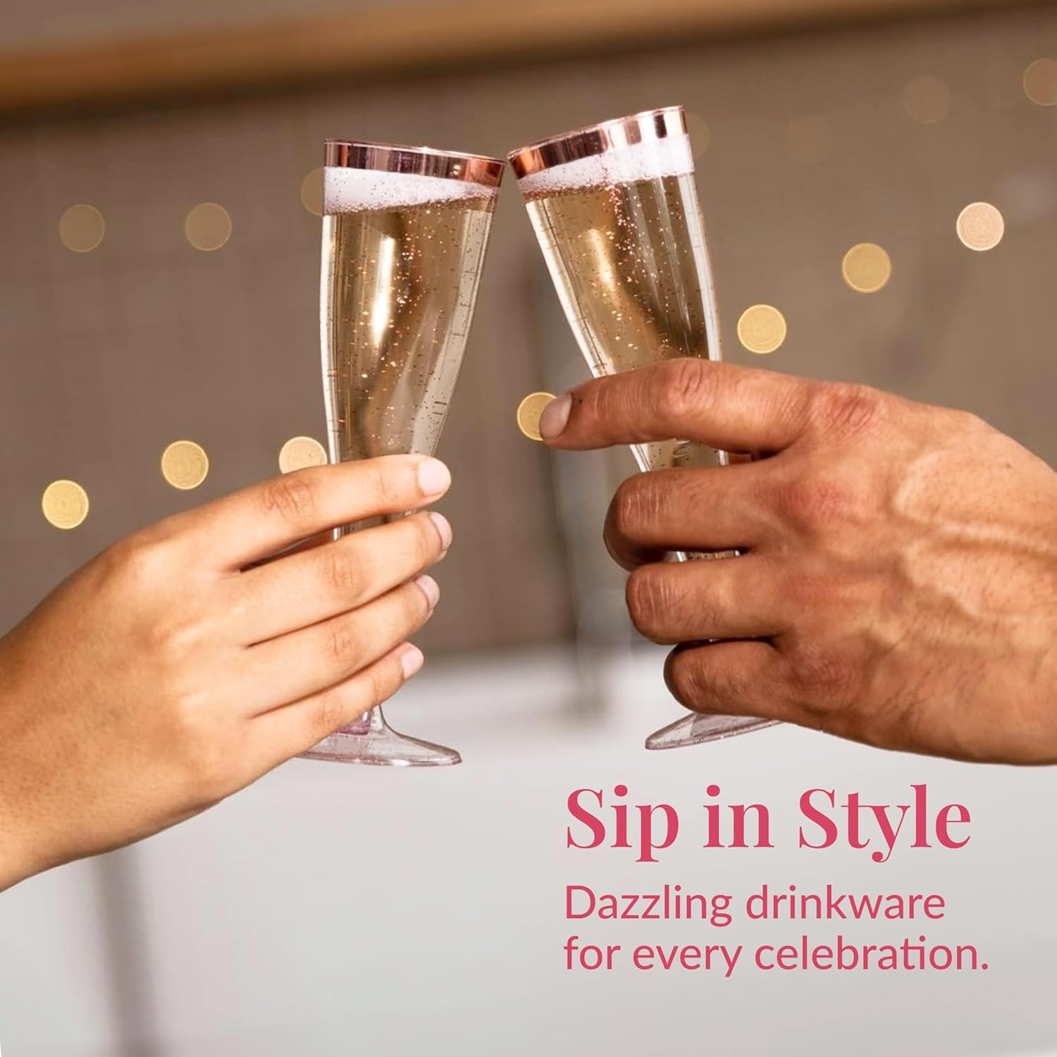 Prestee Set of 24 Plastic Champagne Flutes Disposable - Silver Glitter Pink Champagne Glasses with