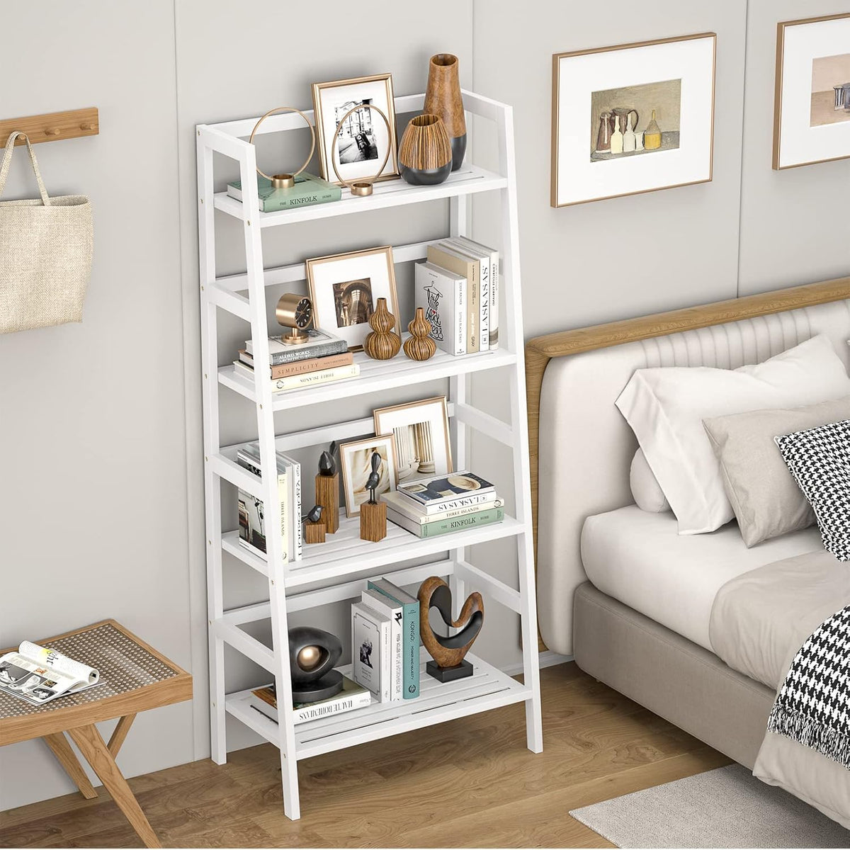 Homykic Bamboo White Bookshelf 4-Tier Ladder Shelf, 49.2” Freestanding Open Bookcase Book Shelf