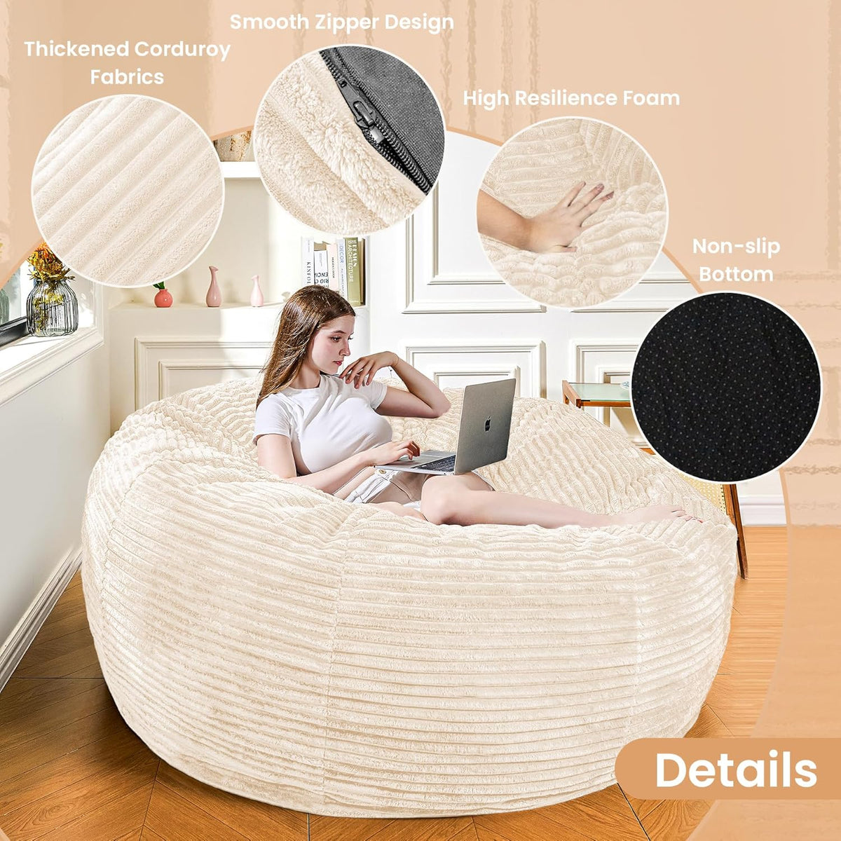 Large Bean Bag Chair, 5FT Giant Beanbag Chairs with Memory Foam Filled, Bean Bag Chairs for Adults