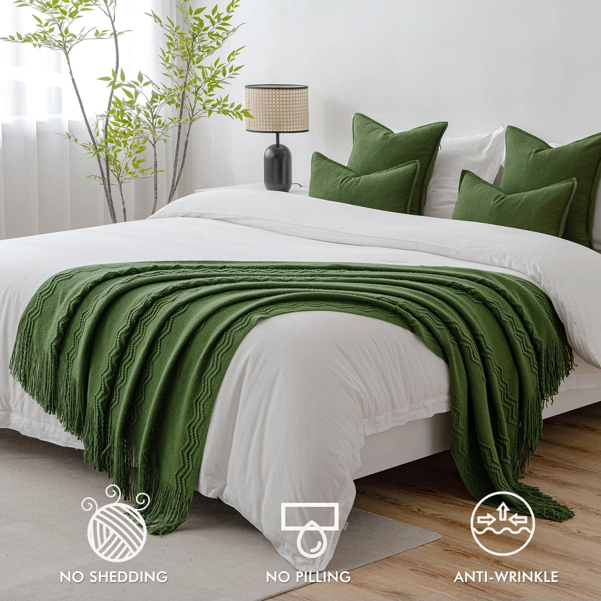 MIULEE Olive Green Knitted Throw Blanket for Couch Boho Textured Cozy Woven Blanket with Tassels