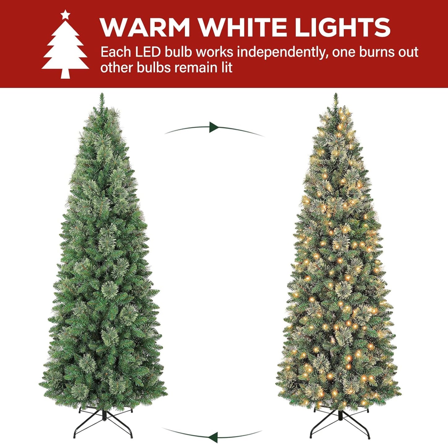 Hykolity 6 ft Prelit Pencil Slim Christmas Tree with 200 Warm White LED Lights, 544 PVC Branch