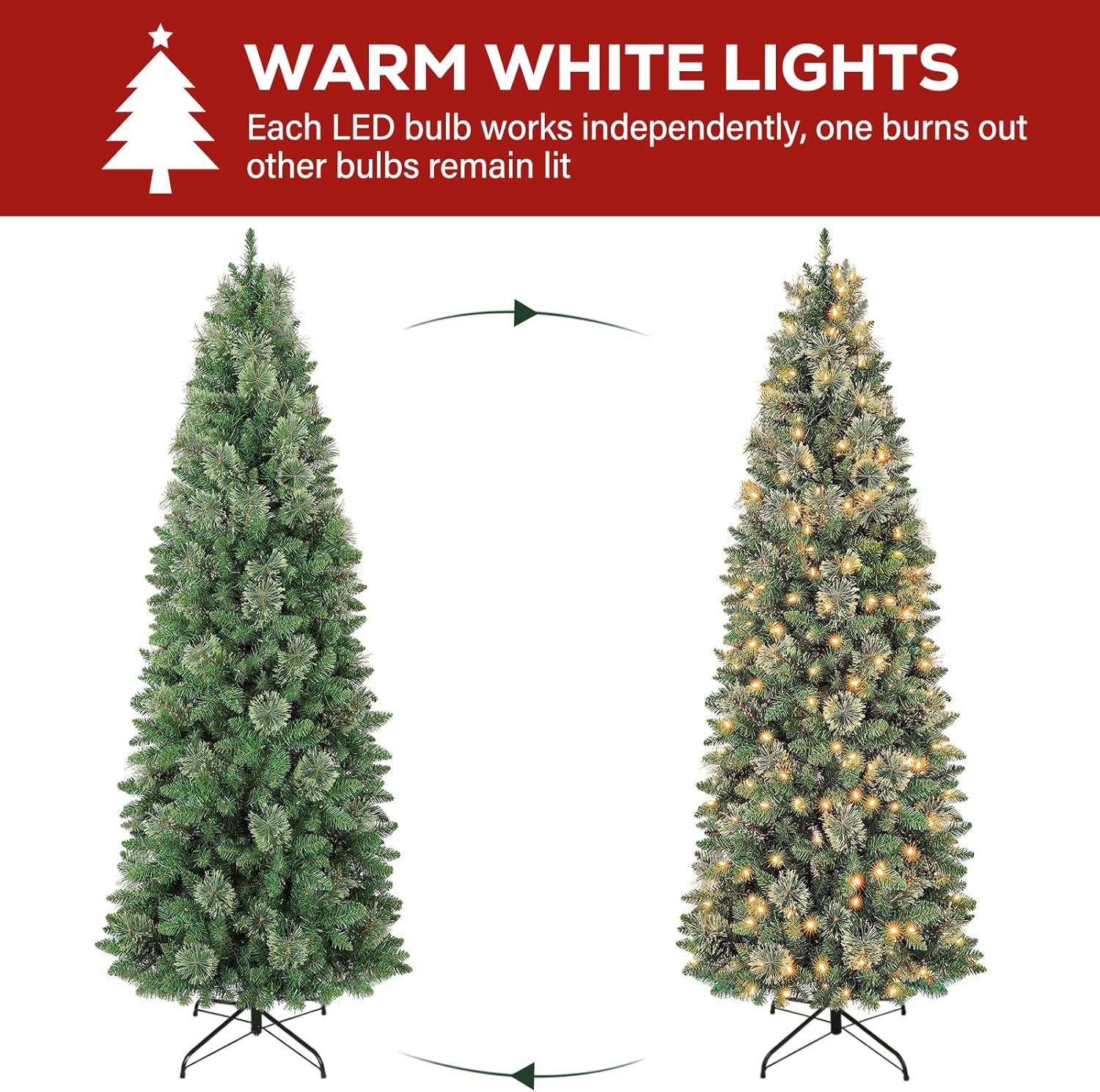 Hykolity 6 ft Prelit Pencil Slim Christmas Tree with 200 Warm White LED Lights, 544 PVC Branch